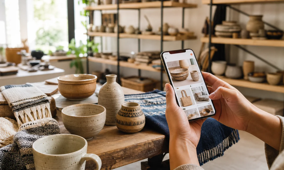 Artisan using a mobile marketplace beside handmade products