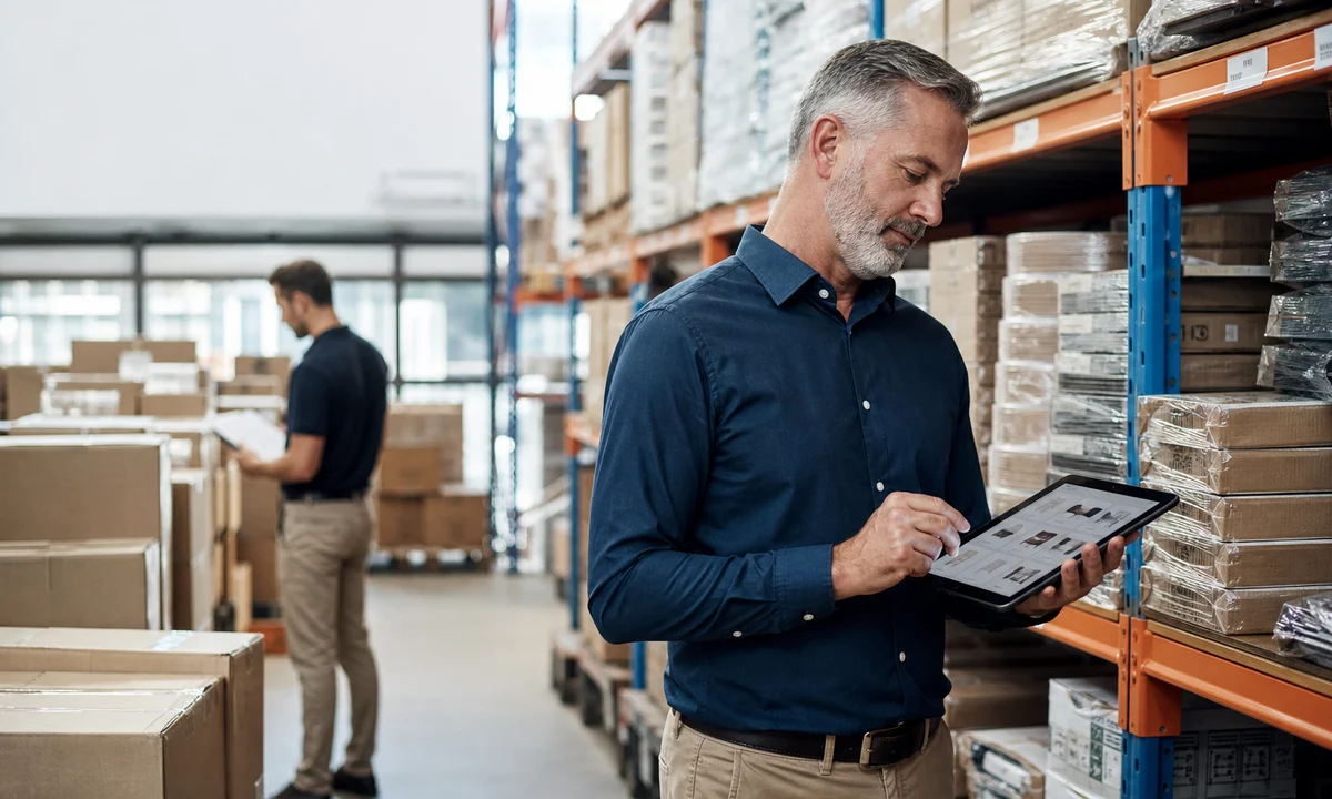 Warehouse manager using a B2B product catalog on a tablet