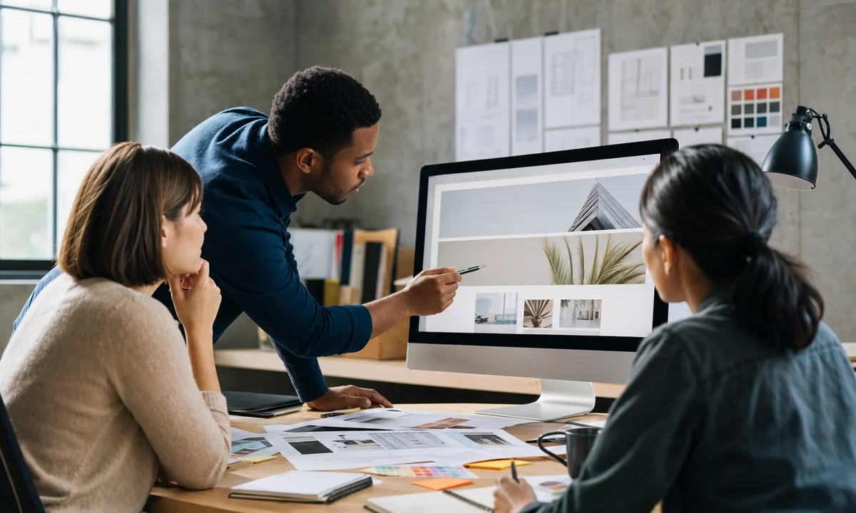 Creative team reviewing a website in a design studio